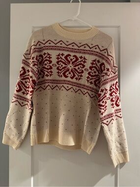 Cream and Red Nordic Crewneck Sweater